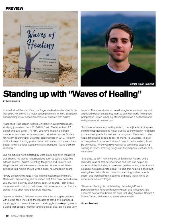 Magazine spread "Standing up with 'Waves of Healing'" with the book on the beach and a portrait of Cash Lambert