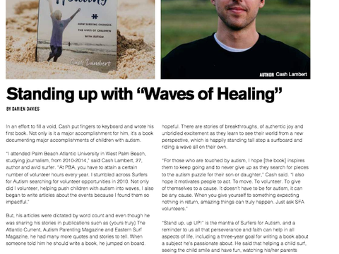 Magazine spread "Standing up with 'Waves of Healing'" with the book on the beach and a portrait of Cash Lambert