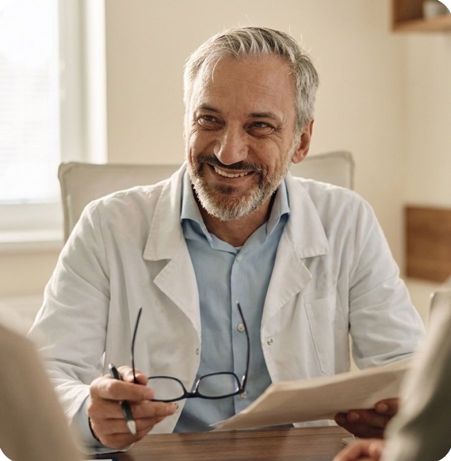 A physician talking with a couple in his office