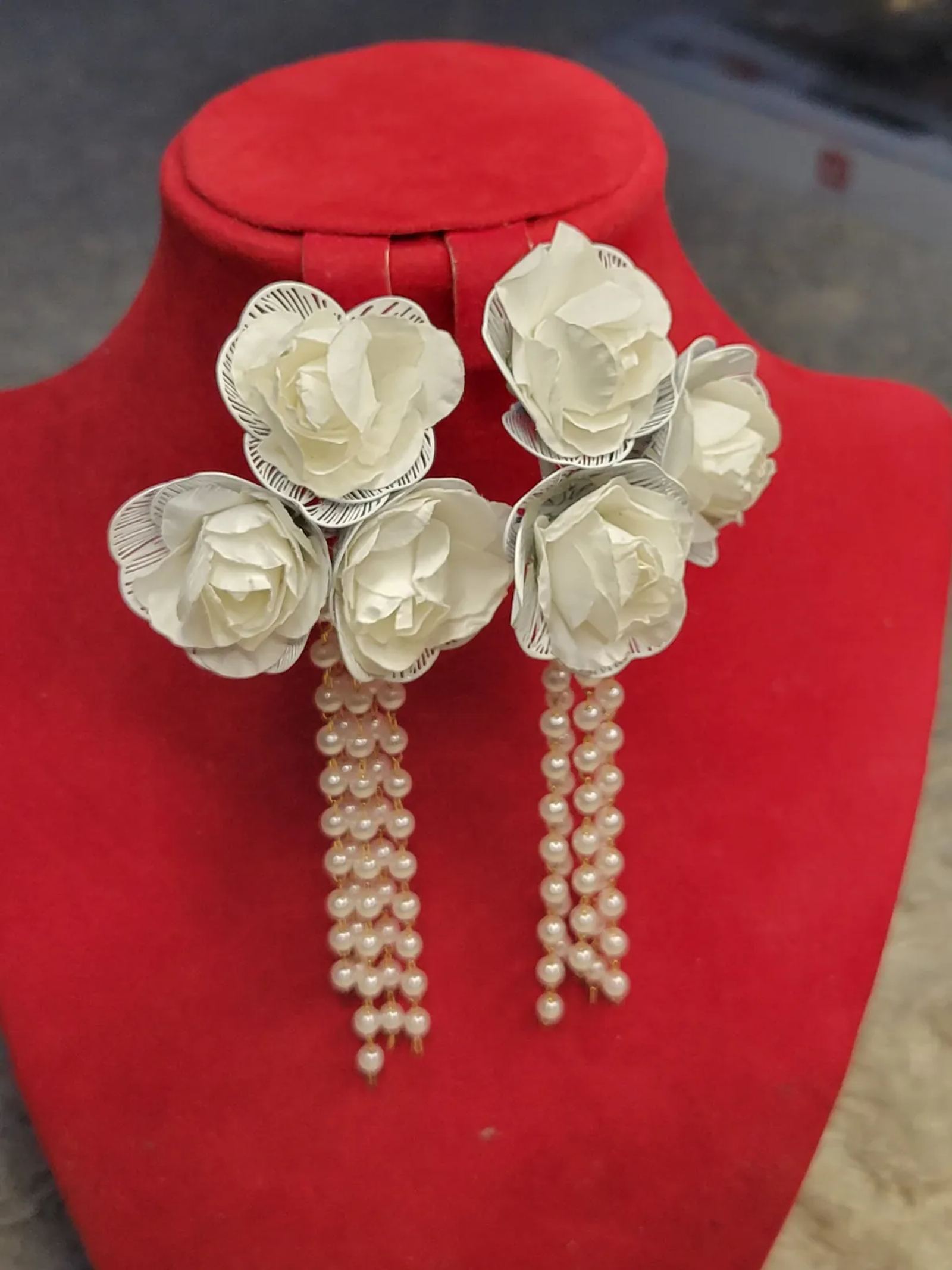 White Rose Pearl Tassel Earrings
