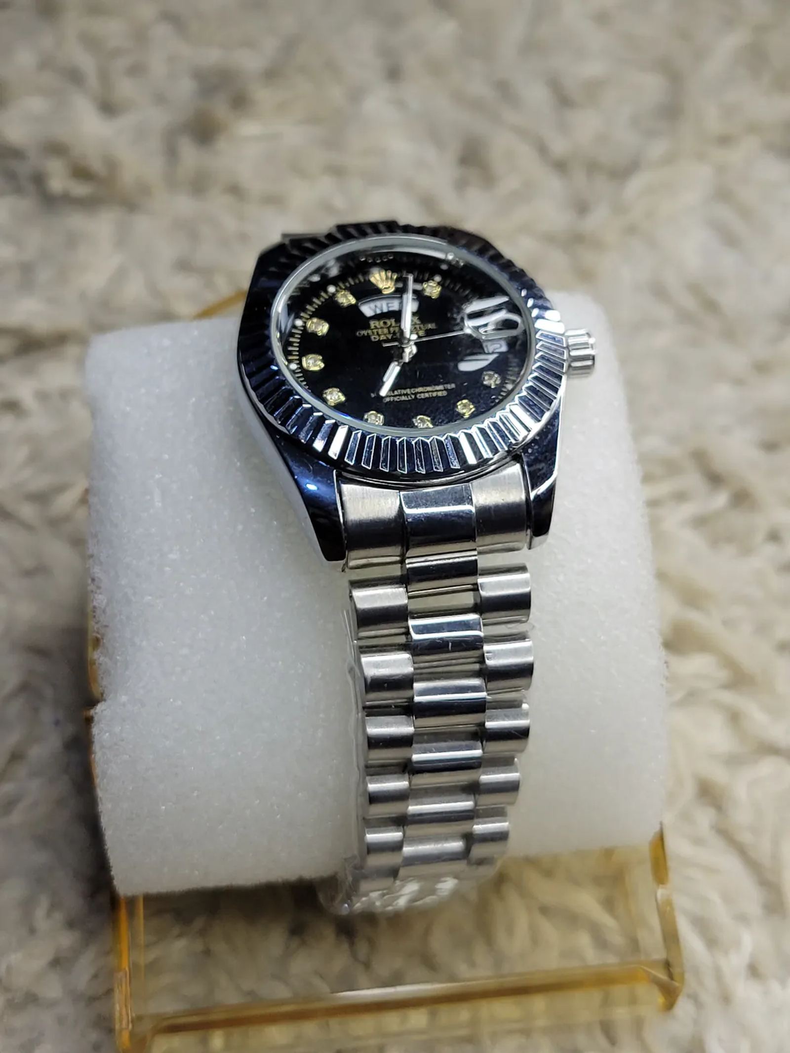 Black Dial Fluted Bezel Watch