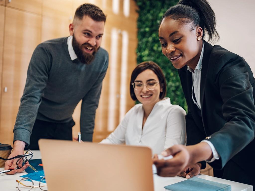 A group of IT professionals work together