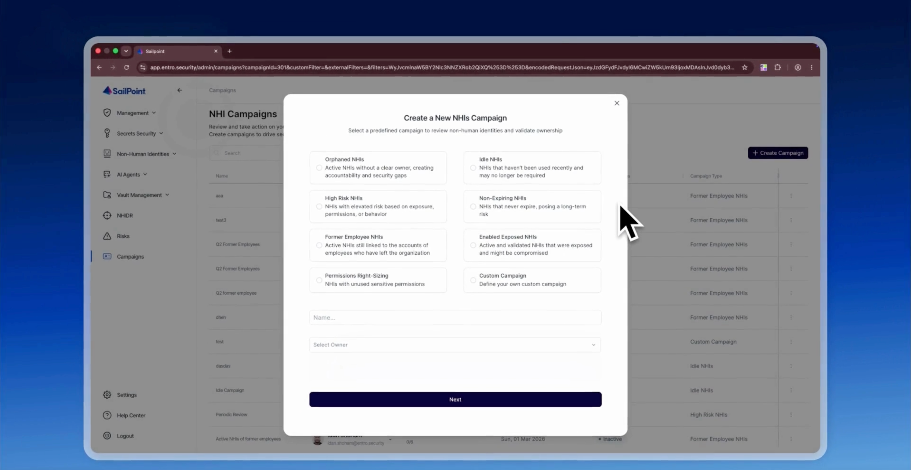 SailPoint NHI Campaigns screen with the "Create a New NHIs Campaign" dialog open, showing predefined review types including orphaned, idle, high-risk, non-expiring, and former employee non-human identities.