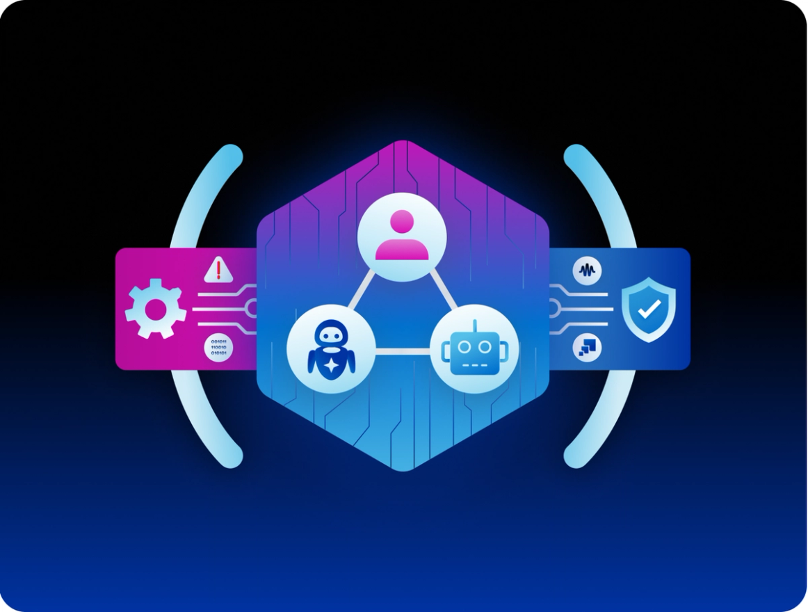 SecOps identity intelligence interface enriching security alerts with identity blast radius context on a dark gradient background