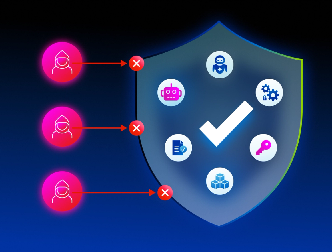 Illustration of defending machine identities against external threats with a security shield