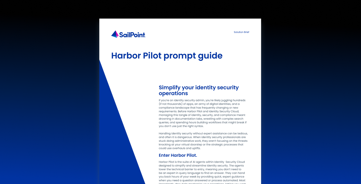 A clean SailPoint-branded document cover titled “Harbor Pilot prompt guide,” with blue and white colors and a short block of introductory text about simplifying identity security operations.