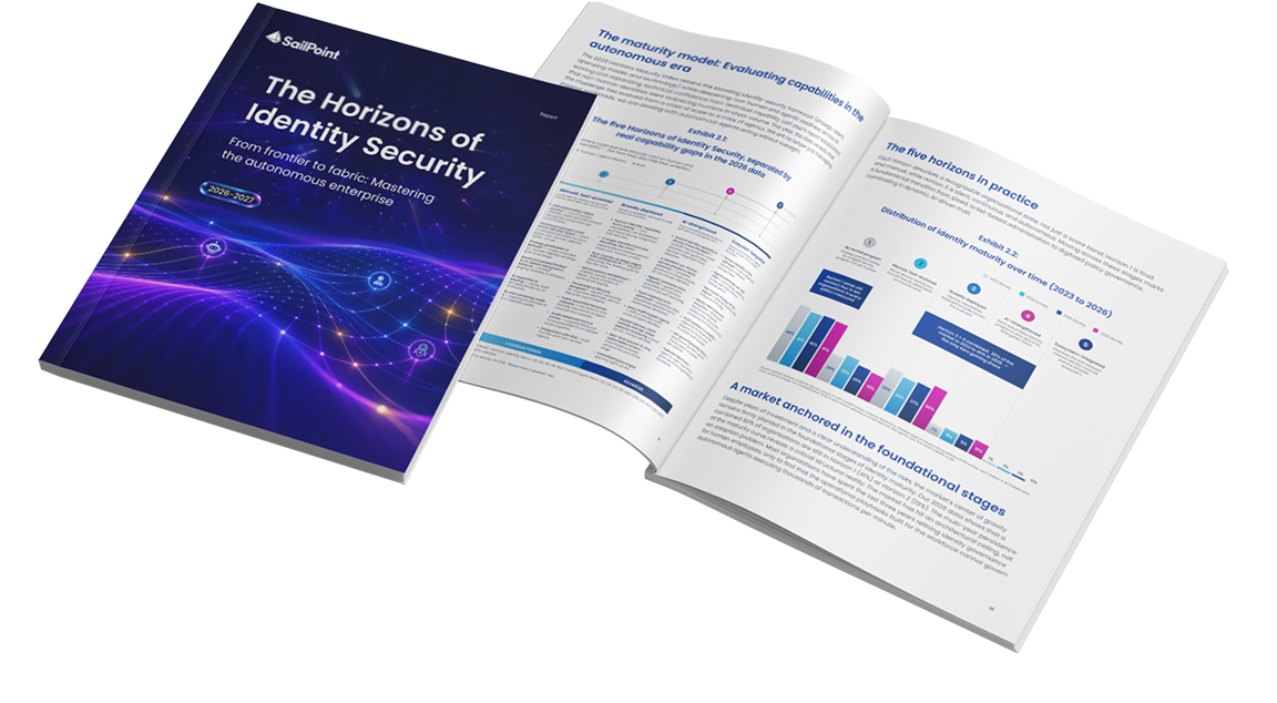 The Horizons of Identity Security 2026–2027 report, open to charts on the five horizons.
