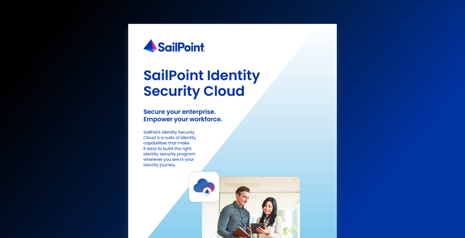 A SailPoint marketing graphic titled “SailPoint Identity Security Cloud,” with blue text on a white and light blue background and a small photo of two coworkers looking at a tablet near the bottom.