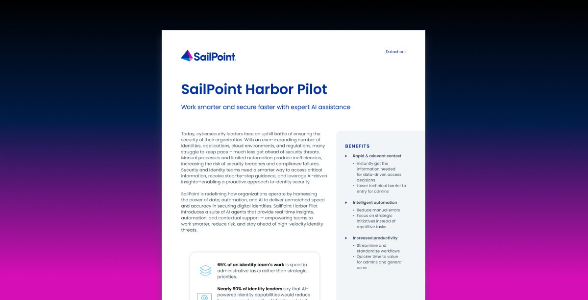 SailPoint resource thumbnail for the Harbor Pilot datasheet, showing the cover headlined Work smarter and secure faster with expert AI assistance.