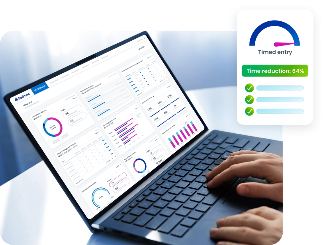 Hands using a laptop displaying SailPoint identity security dashboards and time-savings metrics