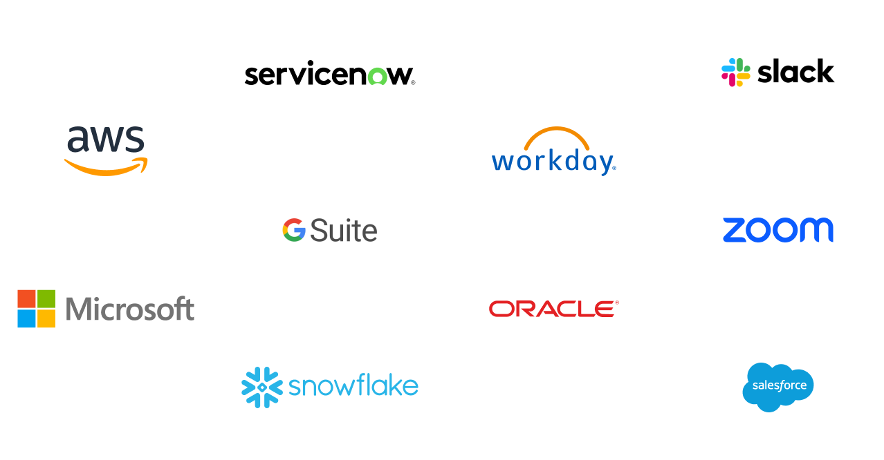 Logos of enterprise applications including AWS, Microsoft, ServiceNow, Workday, Oracle, Slack, Zoom, and Salesforce
