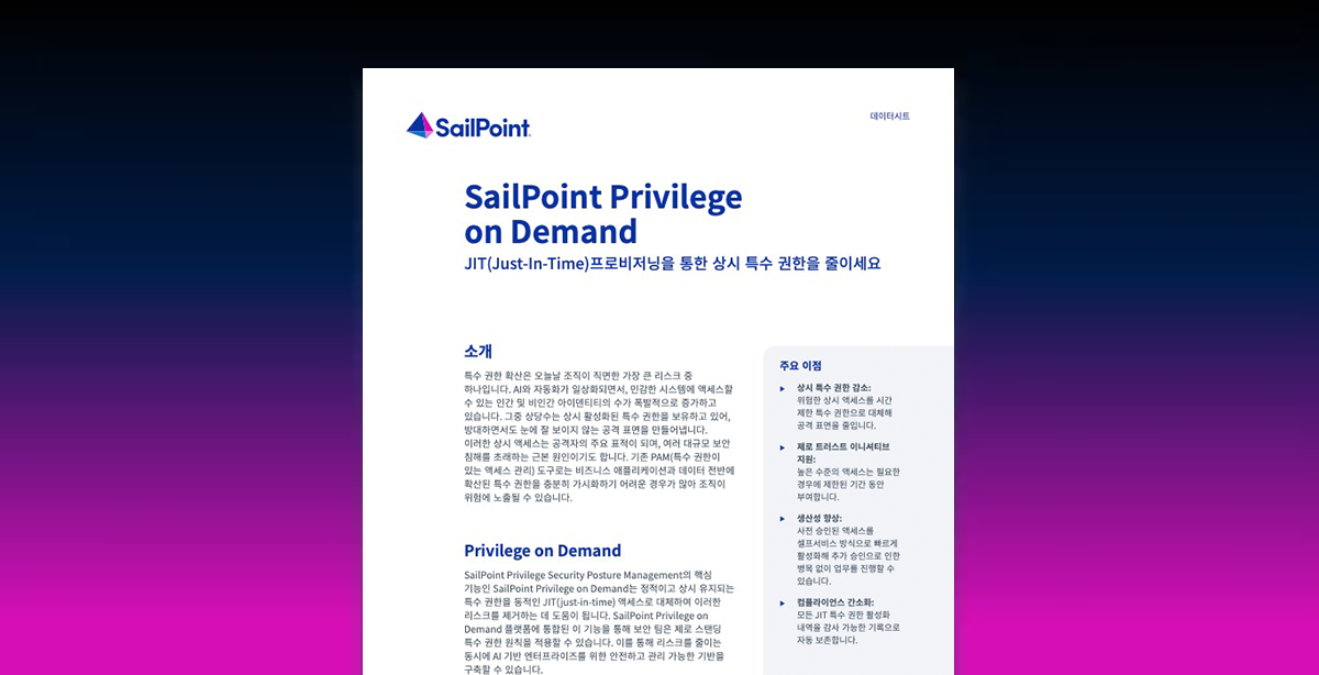 First page of SailPoint Privilege on Demand datasheet on a blue gradient background