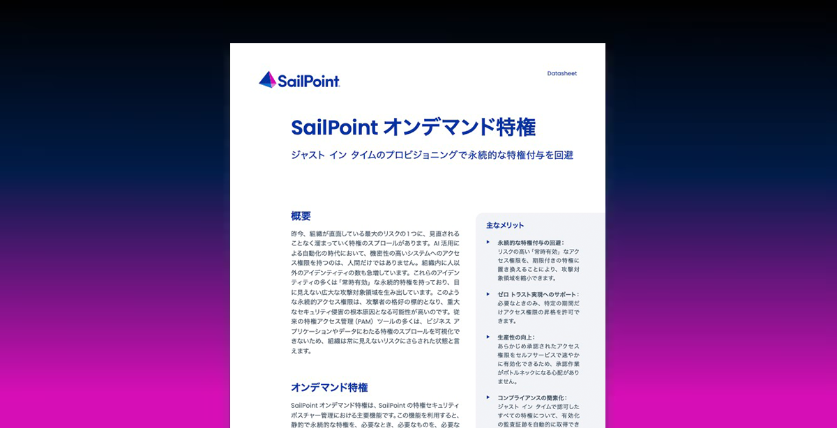 First page of SailPoint Privilege on Demand datasheet on a blue gradient background
