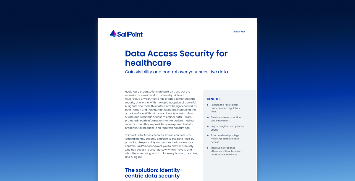 SailPoint Data Access Security for healthcare datasheet thumbnail on a blue gradient background