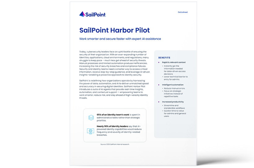 SailPoint datasheet cover for Harbor Pilot, headlined Work smarter and secure faster with expert AI assistance.