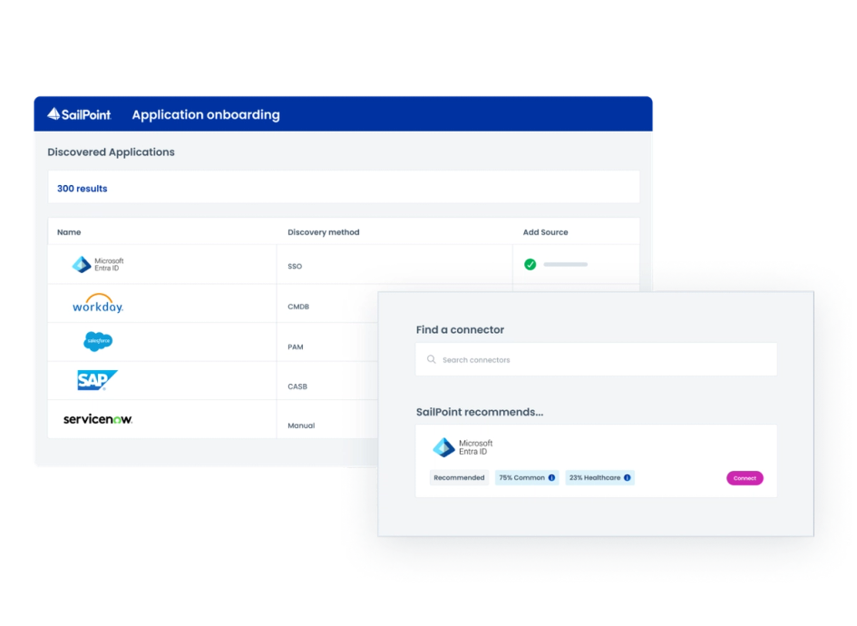application onboarding dashboard with discovered applications and connectors