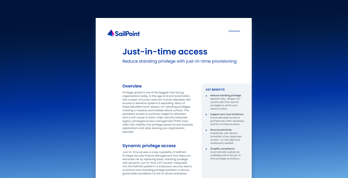 First page of SailPoint Privilege on Demand datasheet on a blue gradient background