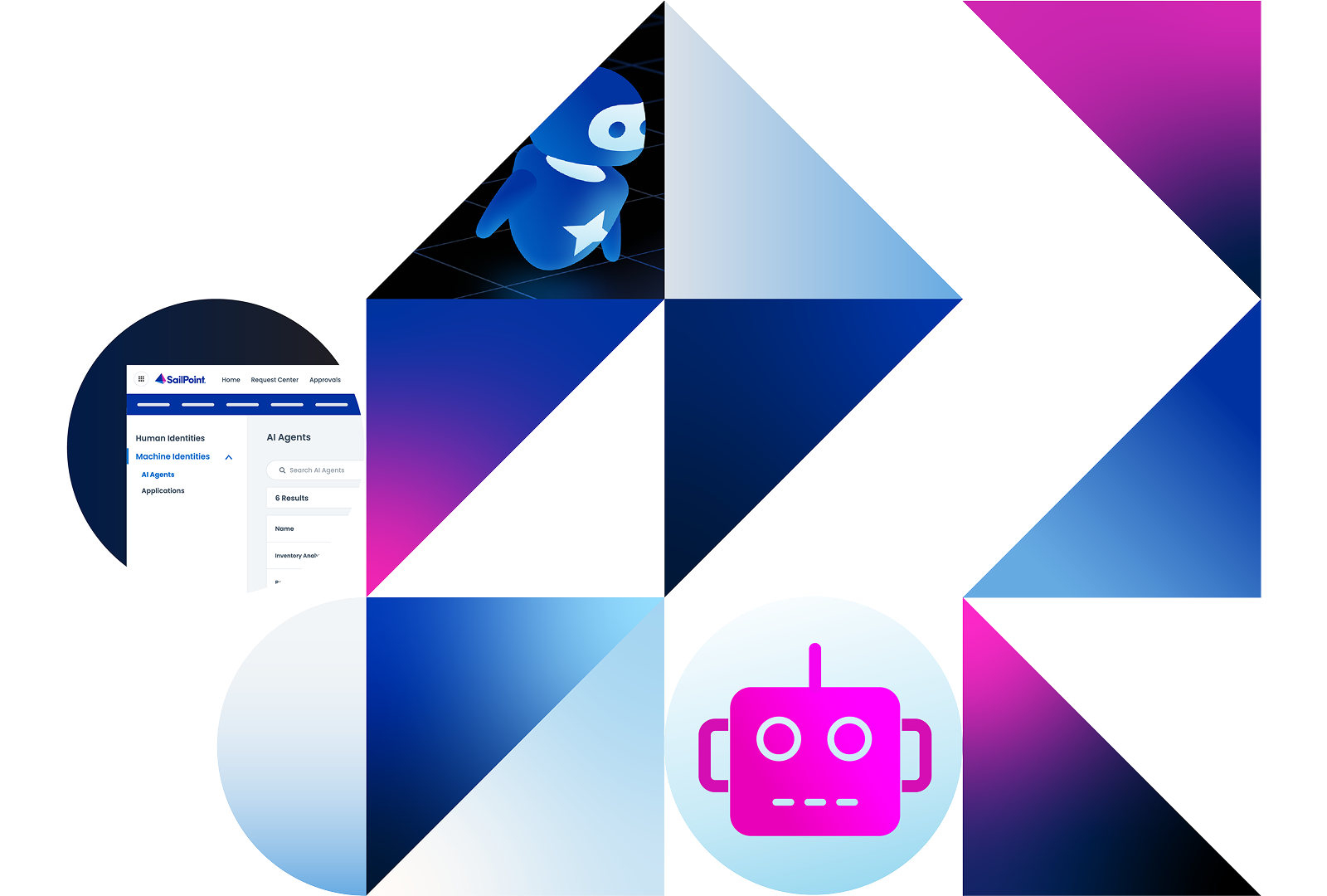 SailPoint platform collage showcasing AI agent identity management with illustrated AI and robot icons.