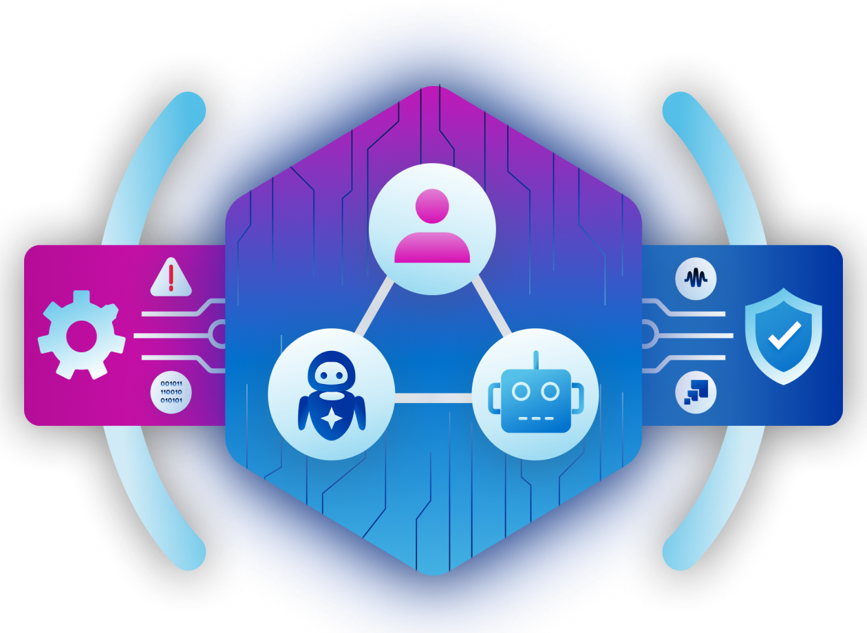 SecOps Identity Intelligence hero illustration showing human and AI agents connected to security monitoring, automation, and compliance systems