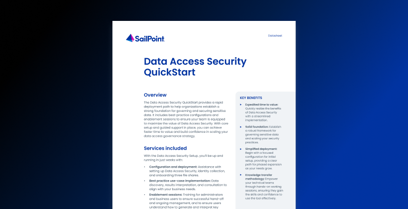 A SailPoint one-page datasheet titled “Data Access Security QuickStart” is shown on a dark blue gradient background, with sections for an overview, services included, and key benefits laid out in clean blue and black text on a white page.