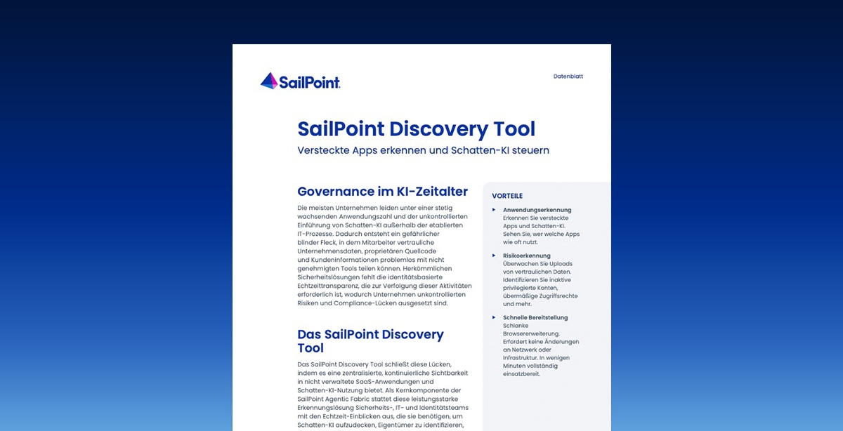 First page of SailPoint Discovery Tool datasheet on a blue gradient background