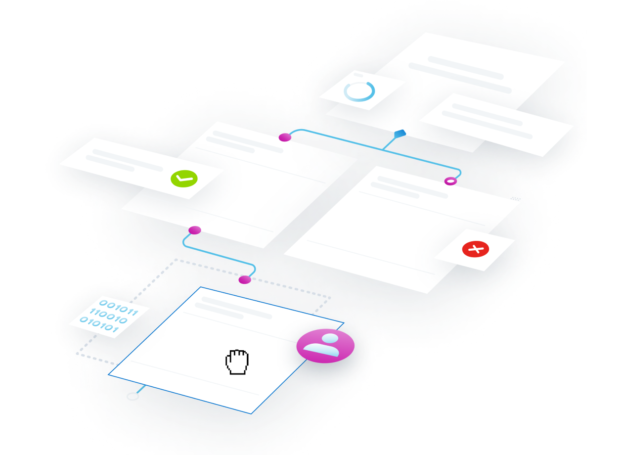 Un organigramme numérique composé de cases interconnectées, de coches et d'icônes, représentant un processus ou un flux de travail.