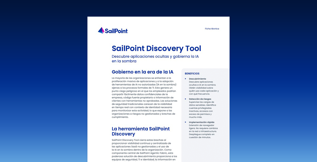 First page of SailPoint Discovery Tool datasheet on a blue gradient background