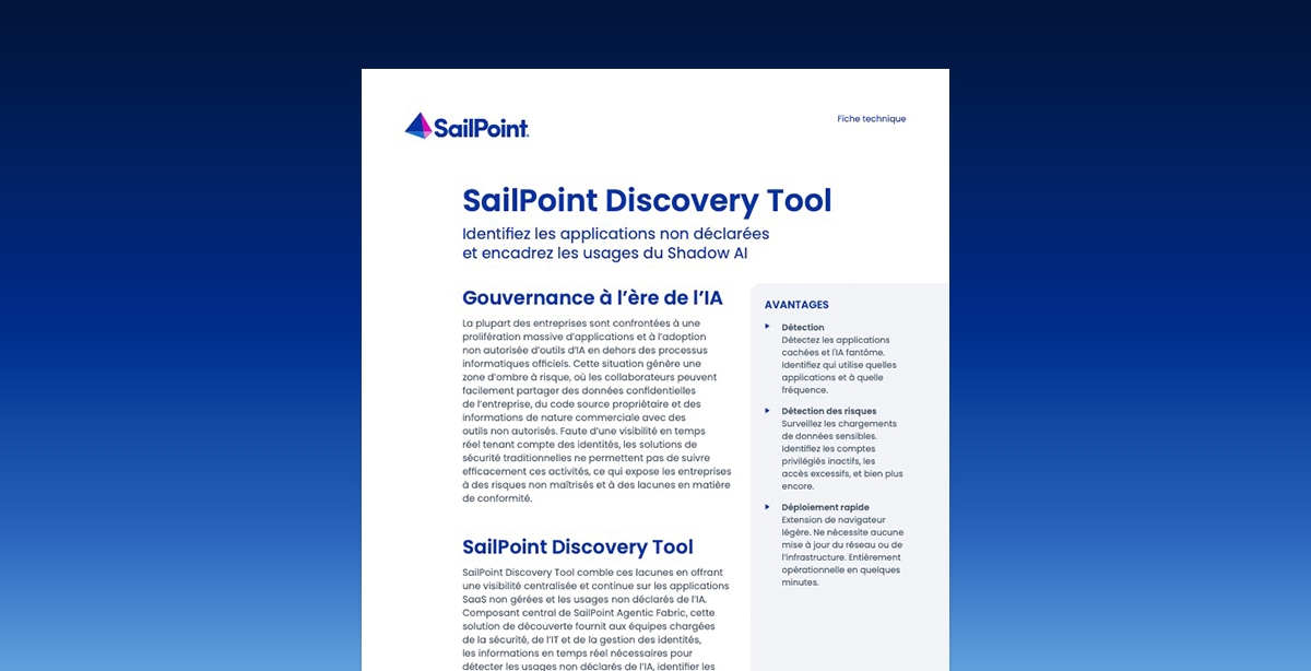 First page of SailPoint Discovery Tool datasheet on a blue gradient background