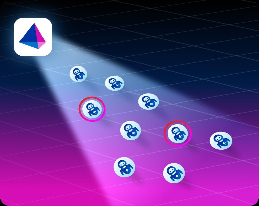 Illustration of a spotlight scanning a digital grid and highlighting robot figures with glowing rings for agent threat detection.