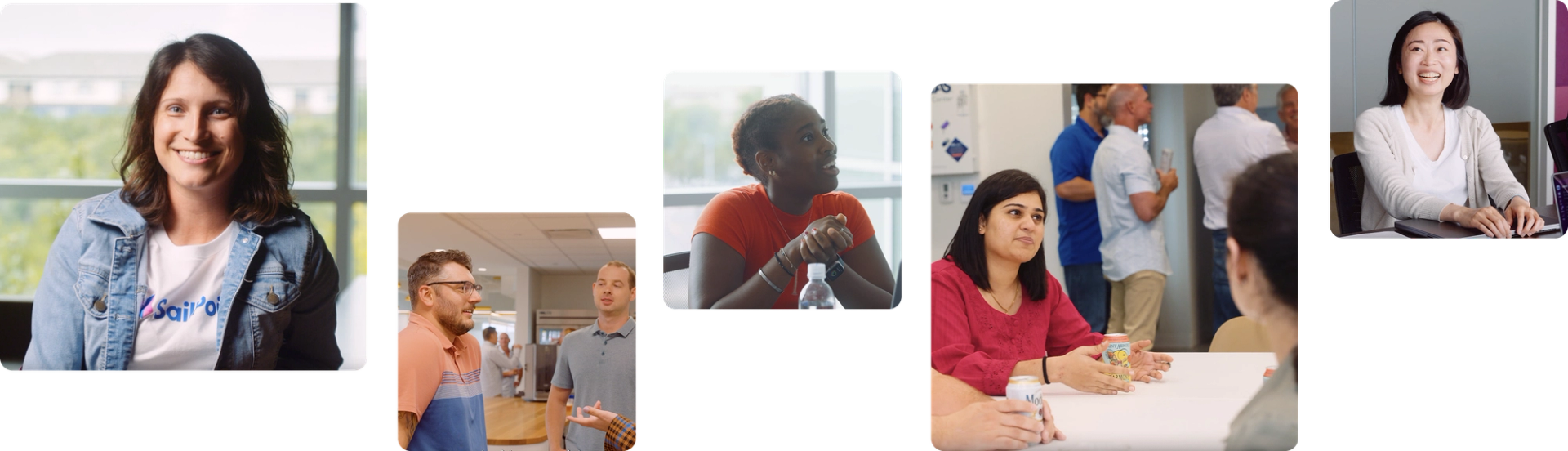 Collage of people in various work environments, including sitting at a table, standing and talking, and looking into a camera