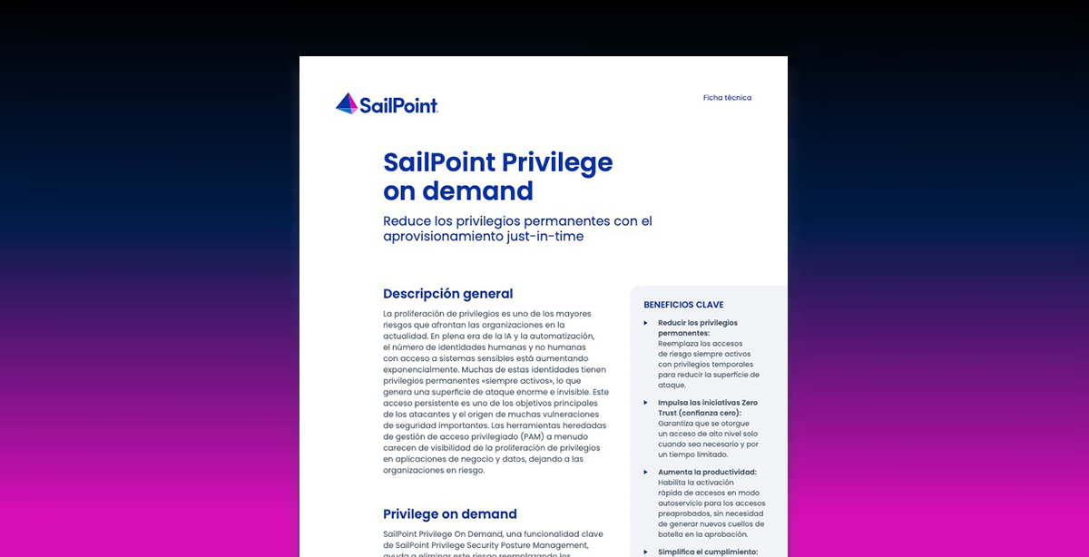 First page of SailPoint Privilege on Demand datasheet on a blue gradient background