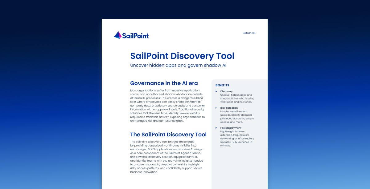 First page of SailPoint Discovery Tool datasheet on a blue gradient background