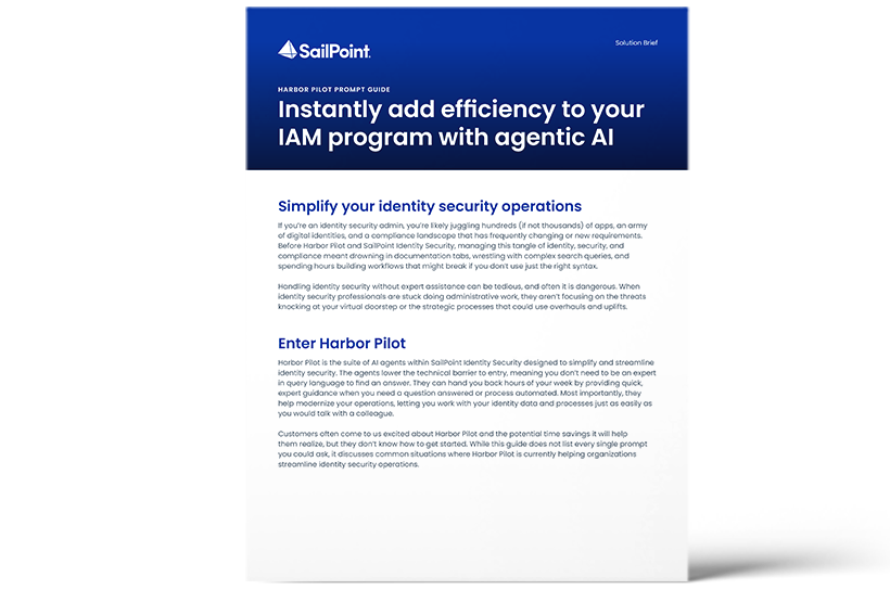 SailPoint solution brief cover for the Harbor Pilot prompt guide, headlined Instantly add efficiency to your IAM program with agentic AI.
