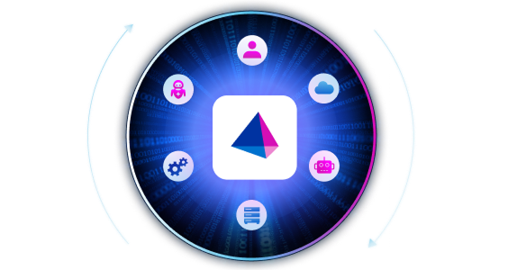 The SailPoint logo at the center of a circular loop, surrounded by icons for people, machines, cloud, and data.