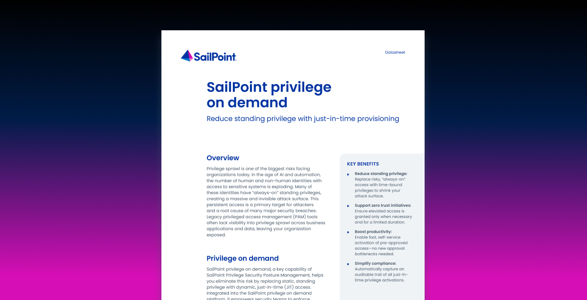 First page of SailPoint Privilege on Demand datasheet on a blue gradient background
