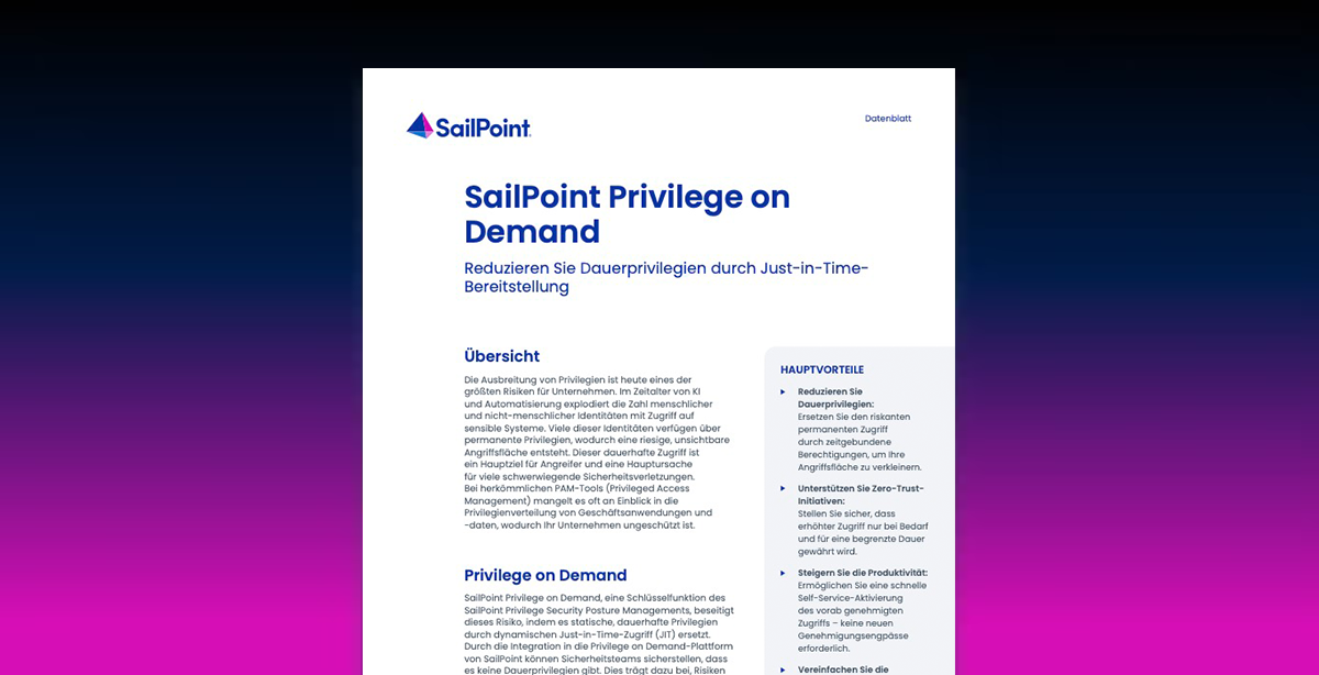 First page of SailPoint Privilege on Demand datasheet on a blue gradient background