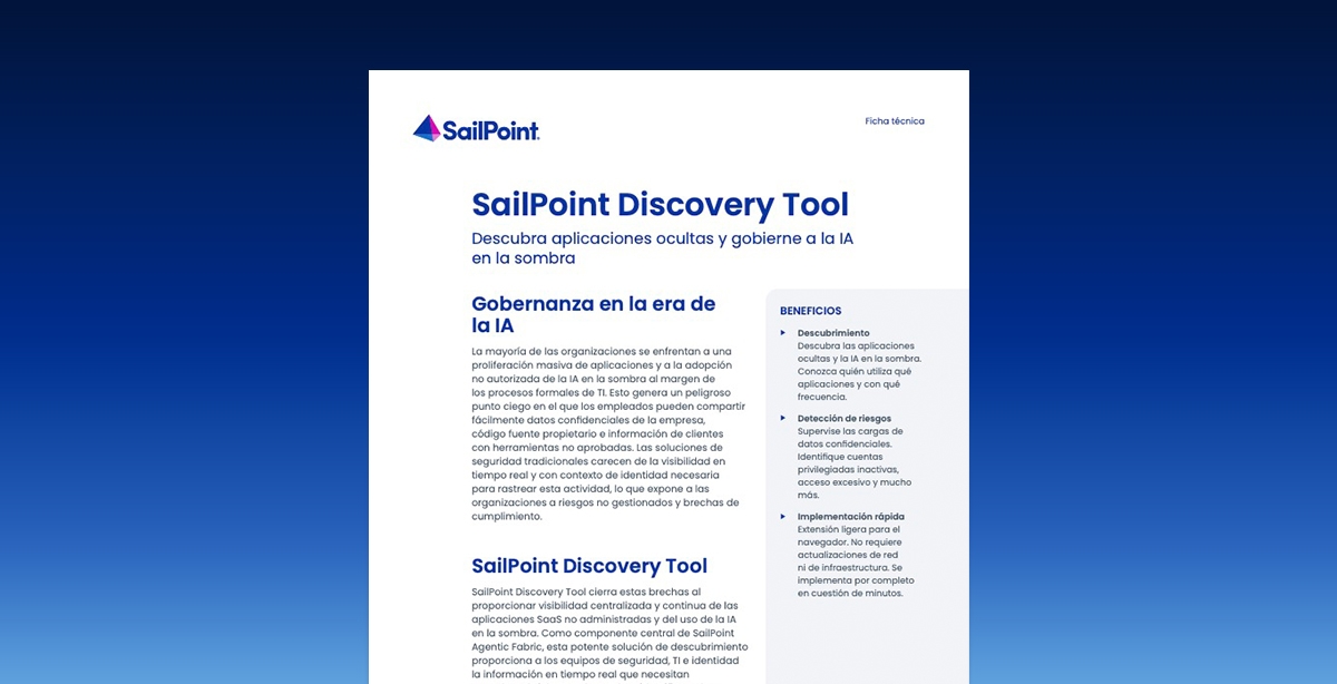 First page of SailPoint Discovery Tool datasheet on a blue gradient background