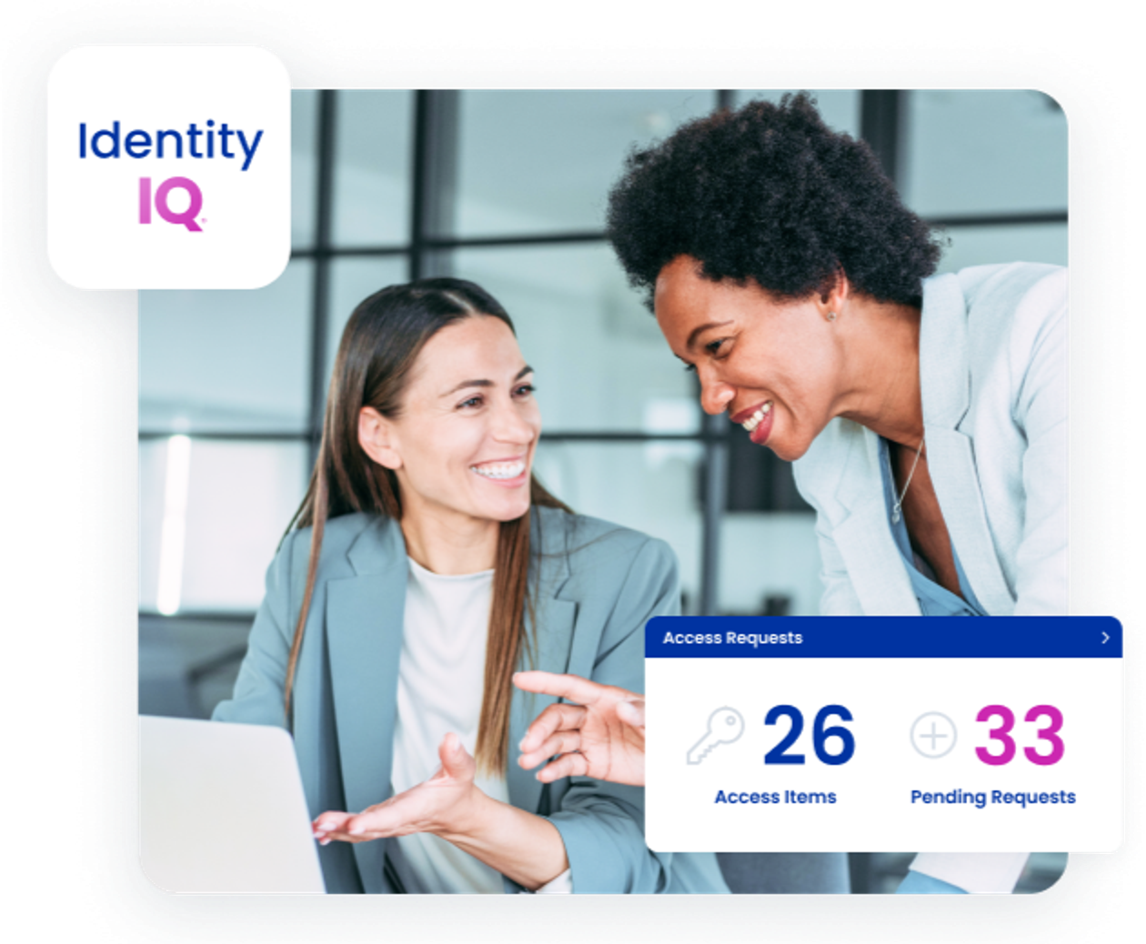 Two people in business attire smiling and discussing something on a laptop, with a digital display showing access requests and pending requests.