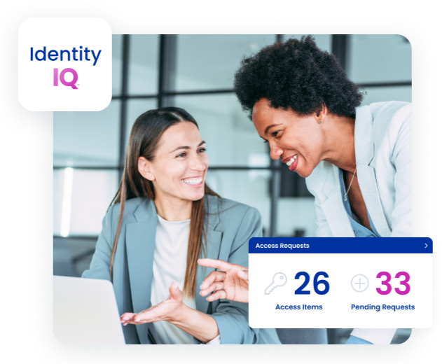 Two people in business attire smiling and discussing something on a laptop, with a digital display showing access requests and pending requests.