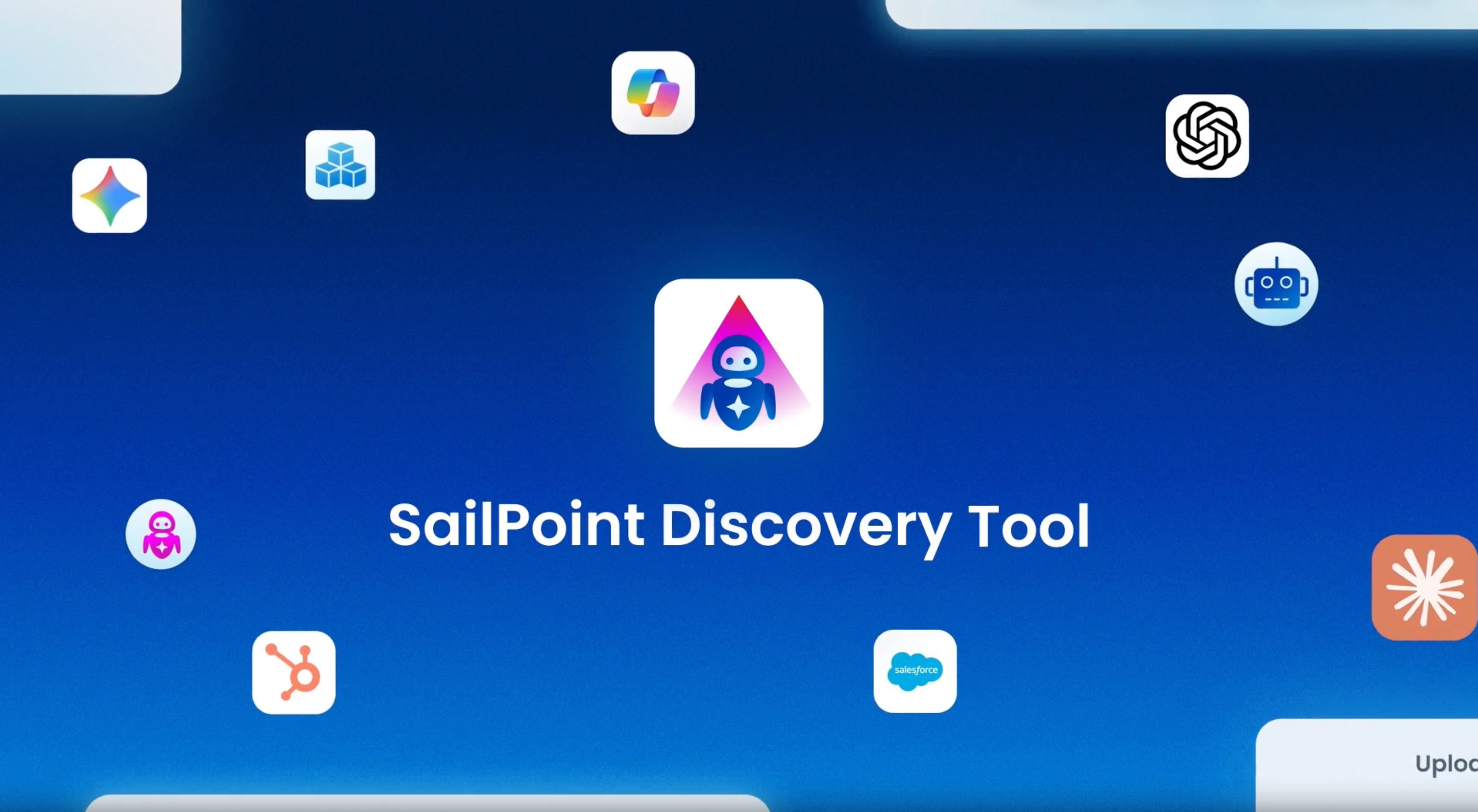 SailPoint Discovery Tool video title screen, ringed by logos for AI and SaaS apps including ChatGPT, Microsoft Copilot, Gemini, Claude, Salesforce, and HubSpot.