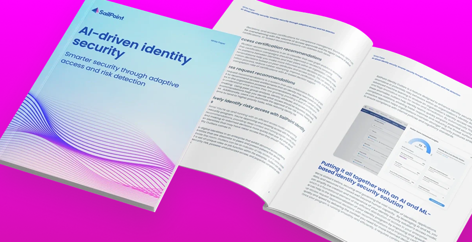 A brochure titled “AI-driven identity security” lies next to an open booklet with text and diagrams, all on a bright pink background.