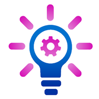 Icon of a lightbulb with a gear inside and rays coming out