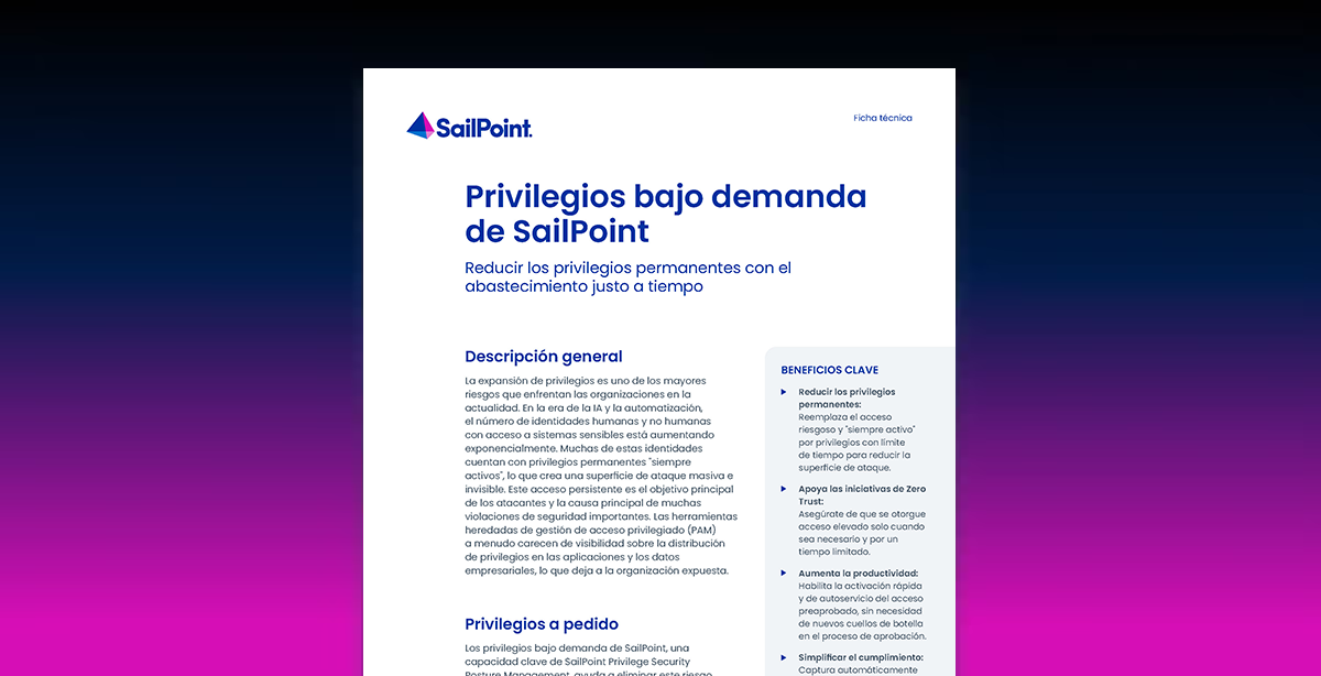 First page of SailPoint Privilege on Demand datasheet on a blue gradient background