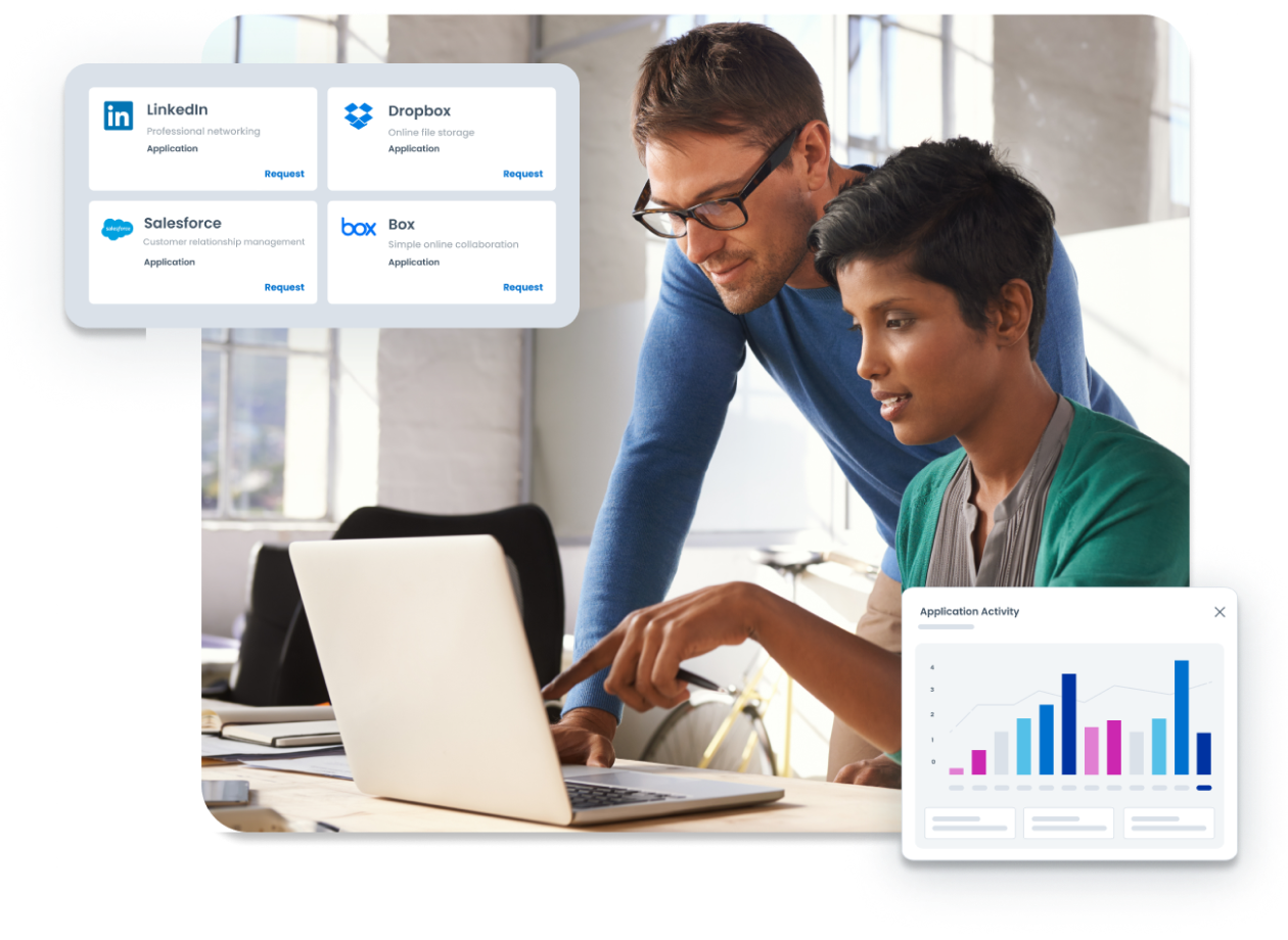 Two people are looking at a laptop screen in an office setting, with charts and app icons displayed around them.