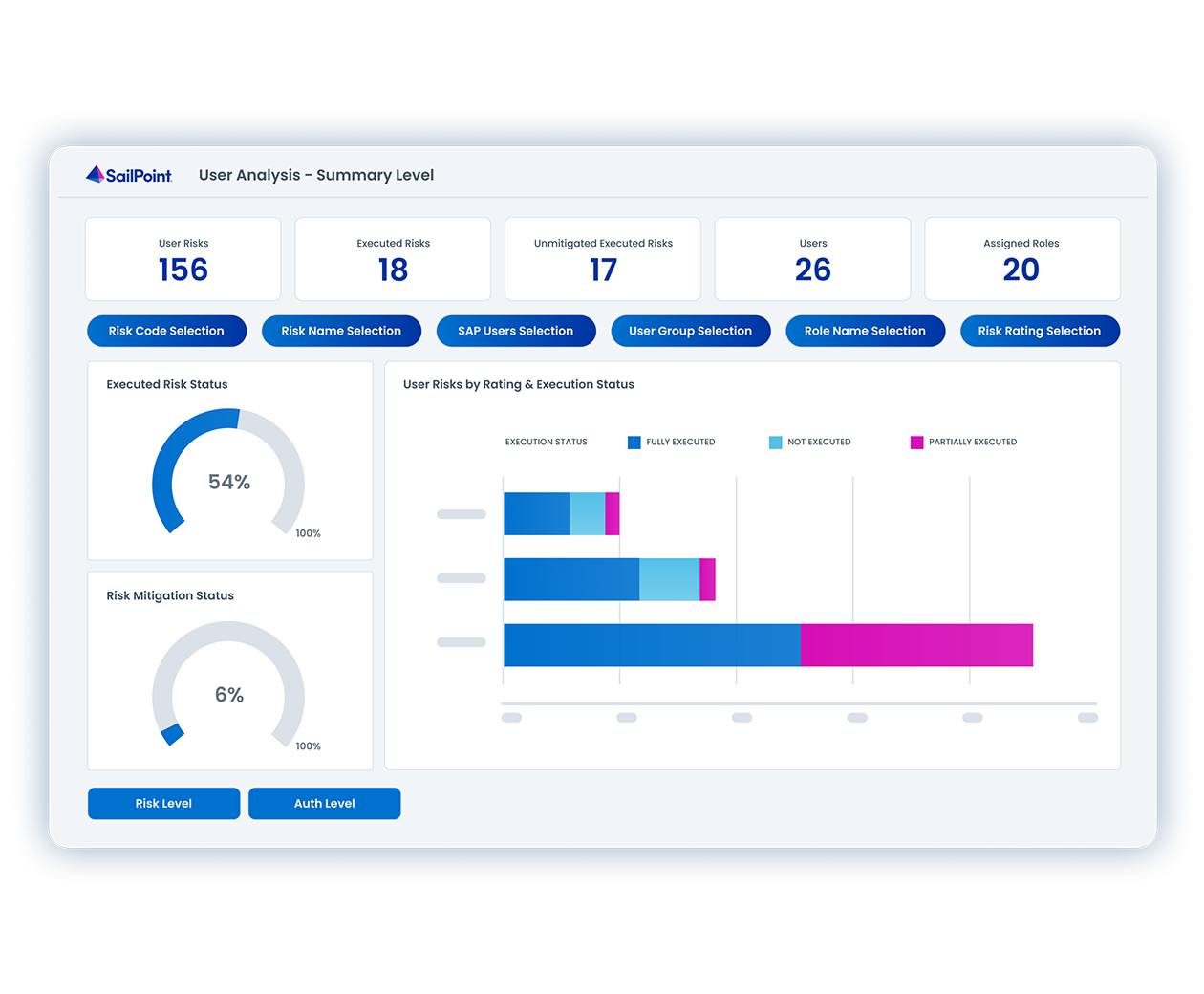SailPoint User Analysis – Summary Level dashboard with risk and user count tiles, executed-risk and mitigation donut charts, and a stacked bar chart of user risks by rating and execution status.