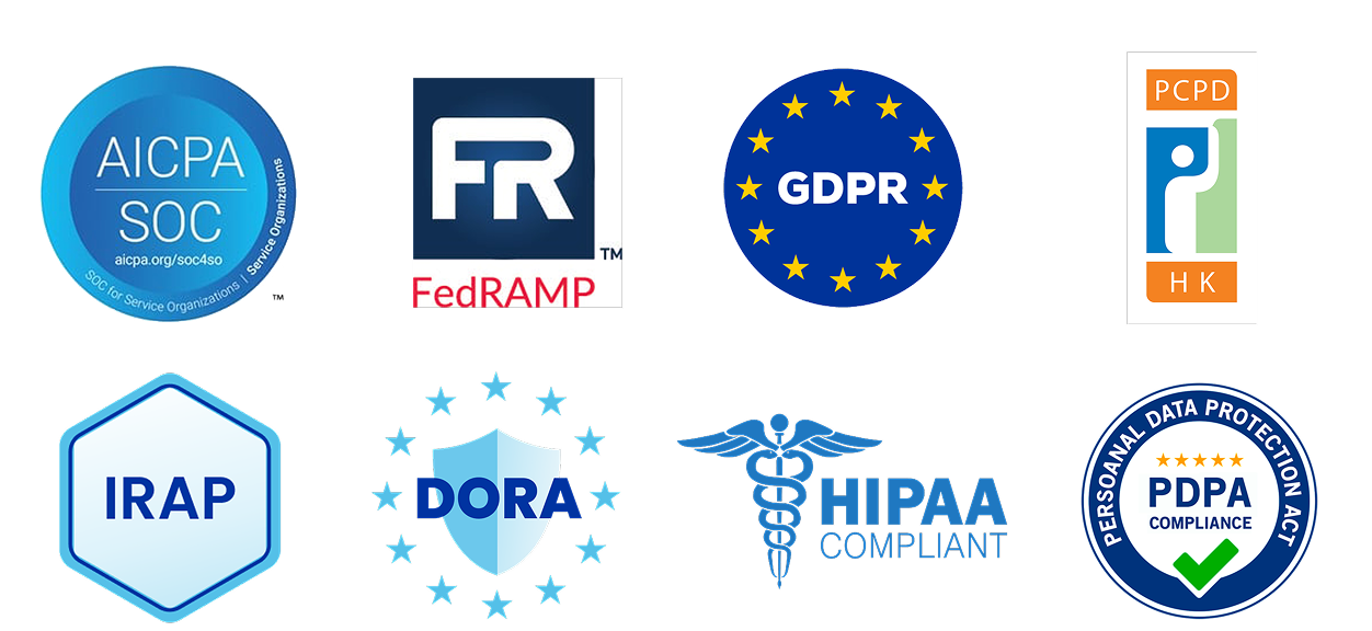 Logos for AICPA SOC, FedRAMP, GDPR, PCPD HK, IRAP, DORA, HIPAA compliant, PDPA compliance