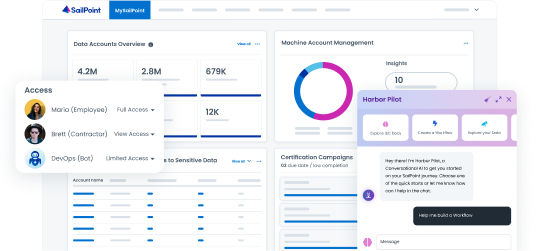 SailPoint product view showing access for an employee, a contractor, and a bot, with account insights, machine accounts, certification campaigns, and Harbor Pilot.