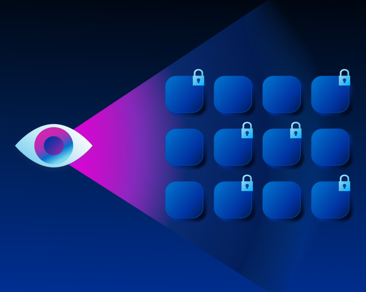 Application visibility — an eye illuminating a grid of locked applications