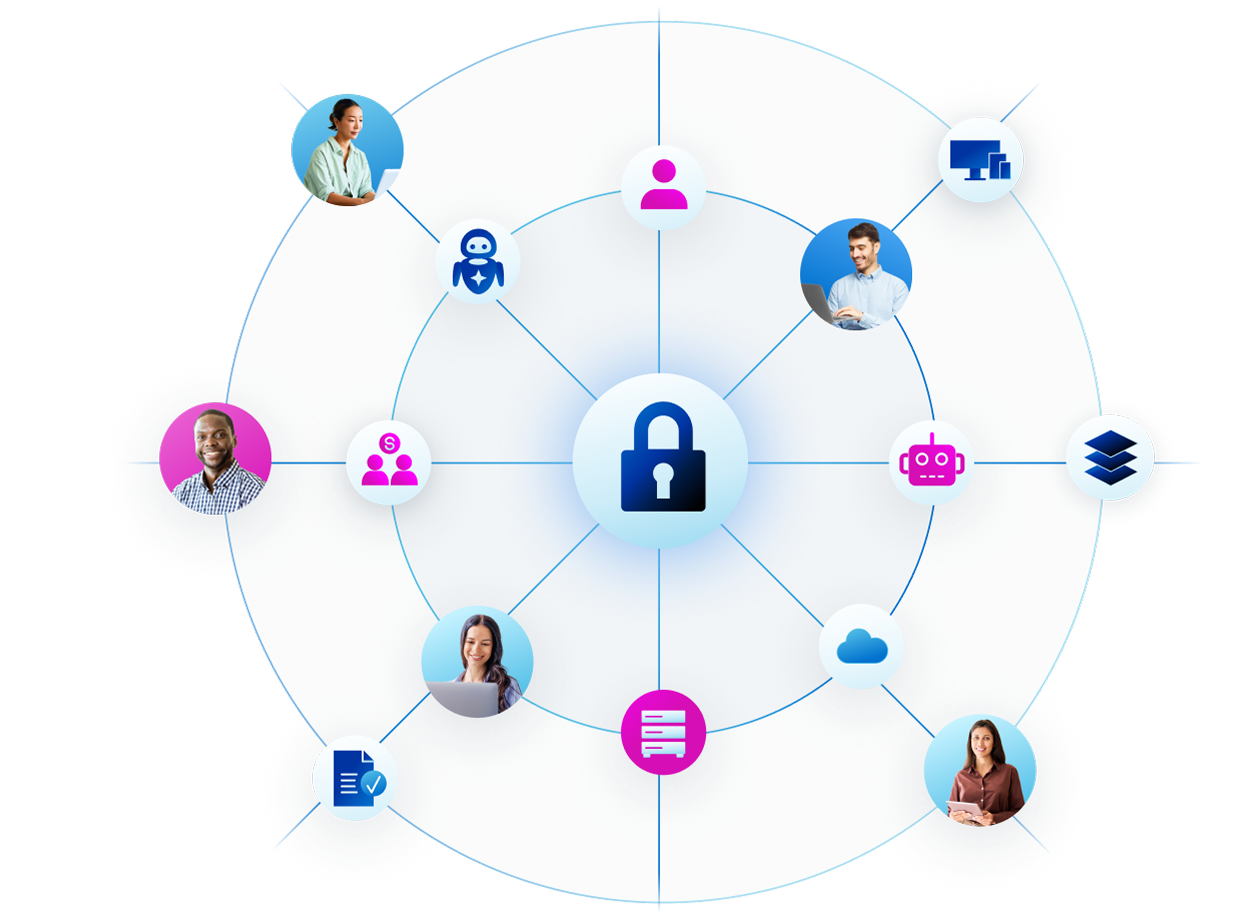 People, robots, cloud services, and devices connected around a central security lock.