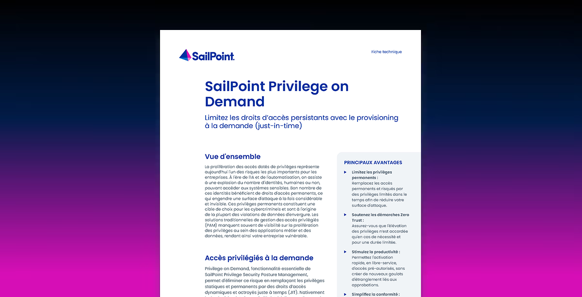 First page of SailPoint Privilege on Demand datasheet on a blue gradient background